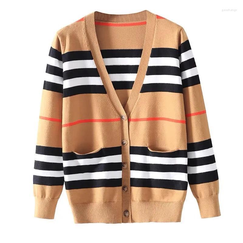 

Women's Jackets Women's TSXT 2022 Autumn Winter Fashion Trend Striped Cardigan V-neck Loose Sweater Pocket Long-sleeve Coat, Apricot