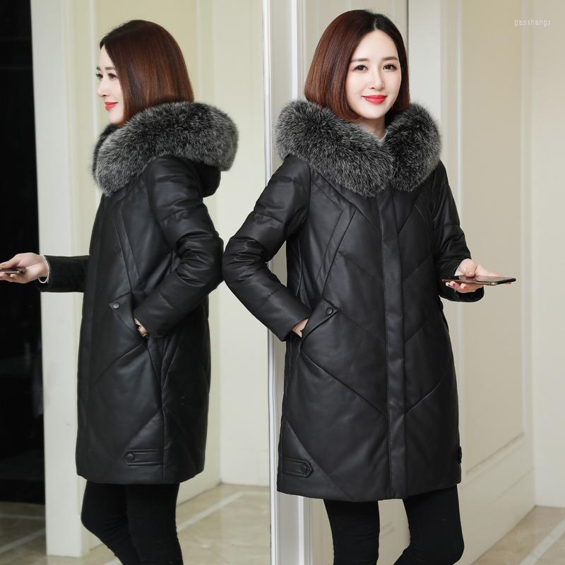 

Women's Leather Haining Down Jacket Women's Mid Long 2022 Sheep Skin Collar Loose Thickened Fur Coat & Faux, Black