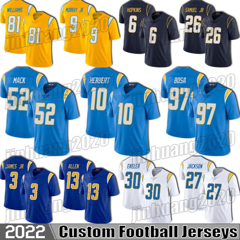 

10 Justin Herbert Football Jersey Chargers''13 Keenan Allen Austin Ekeler Joey Bosa Austin Ekeler Los Jerseys Angeles Derwin James Mike Williams Gerald Everett, Man custom jersey (sd)