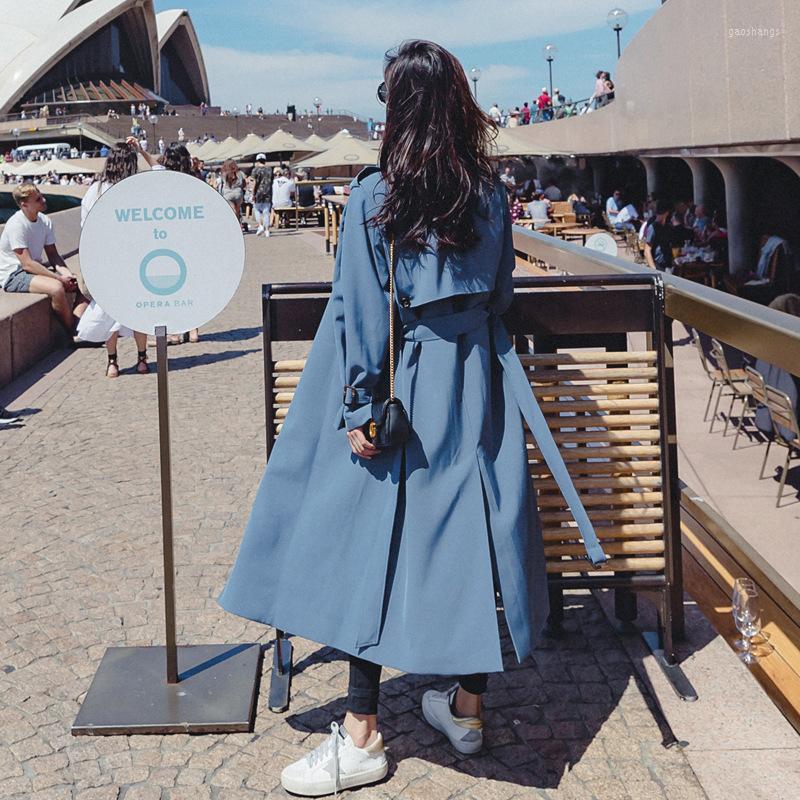 

Women's Trench Coats Autumn Fashion Women Woolen Full Sleeve Lapel Collar High Street Loose Slim Blue Solid Elegant Over Size Coat C375, Haze blue