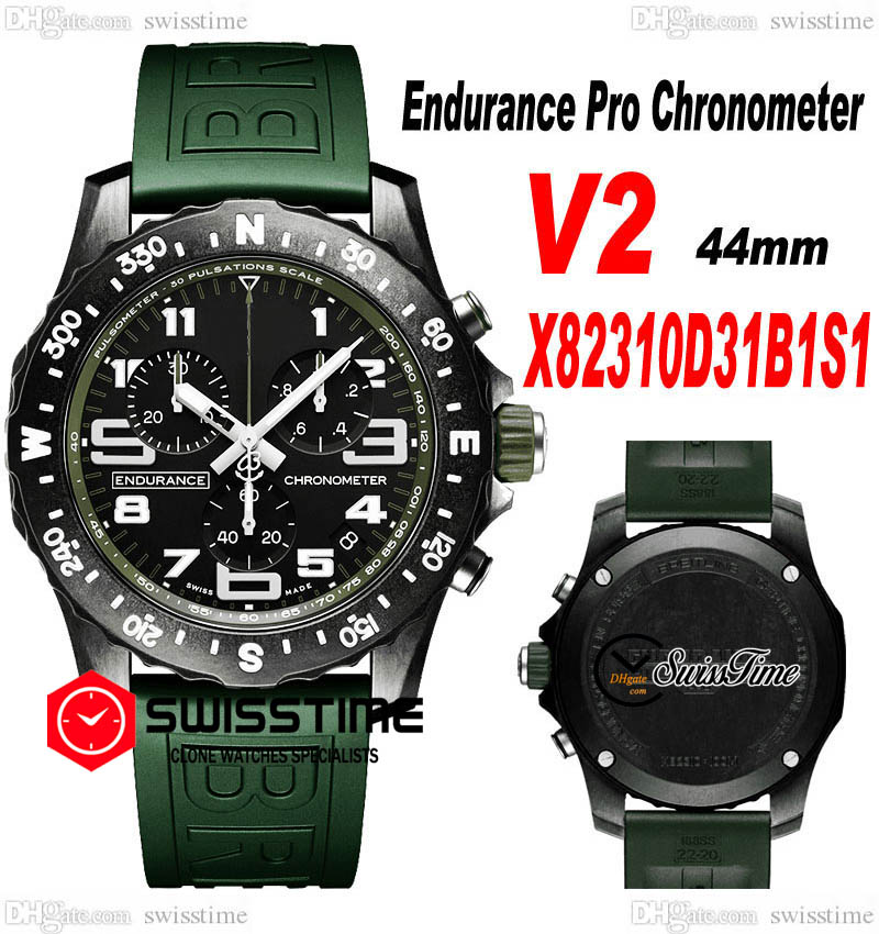 

Endurance Pro 44 Miyota Quartz Chronograph Mens Watch V2 X82310D31B1S1 PVD Steel All Black Big Number Markers Green Rubber Strap Watches Stopwatch Swisstime G7