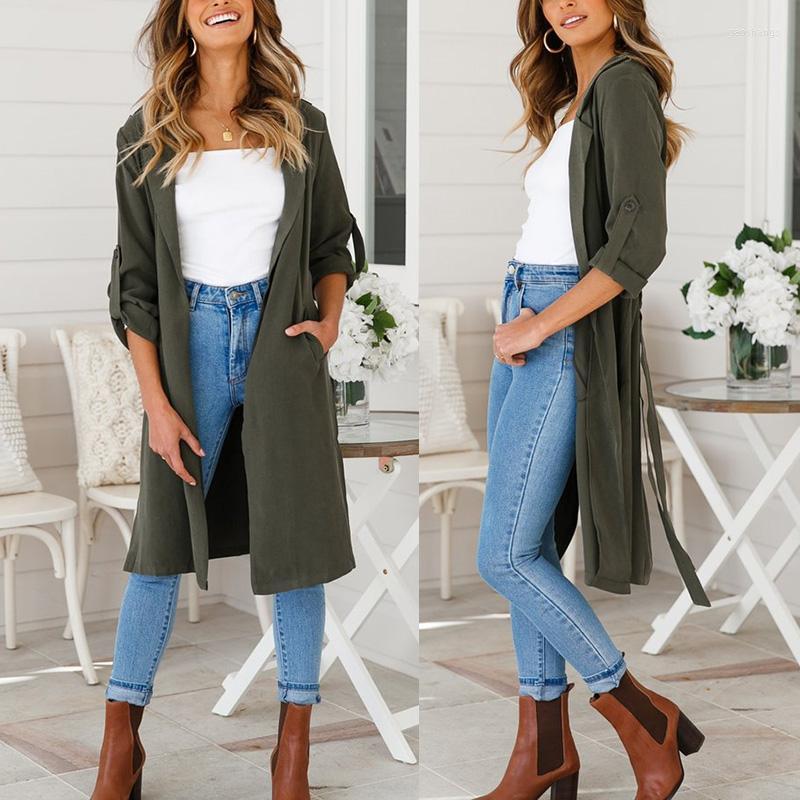 

Women' Trench Coats Women Autumn 2022 Long Sleeve Turn-down Collar Button Solid Straight Slim Split Female Cardigan Casual Coat, Black