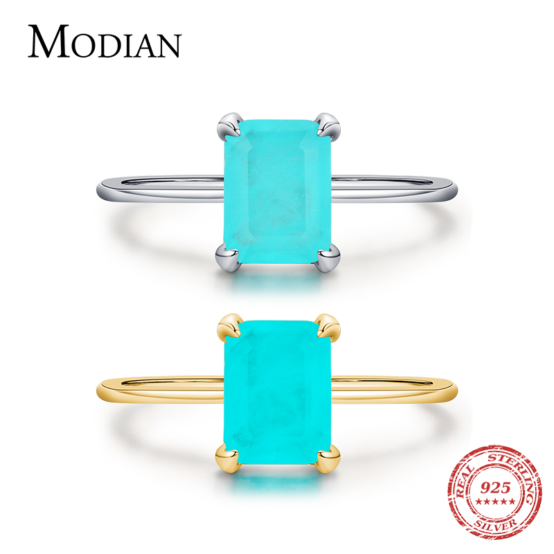 

Rings Modian Authentic 925 Sterling Silver Classic Rectangle Tourmaline Paraiba Female Finger Ring For Women Charm Fine Jewelry Anillo