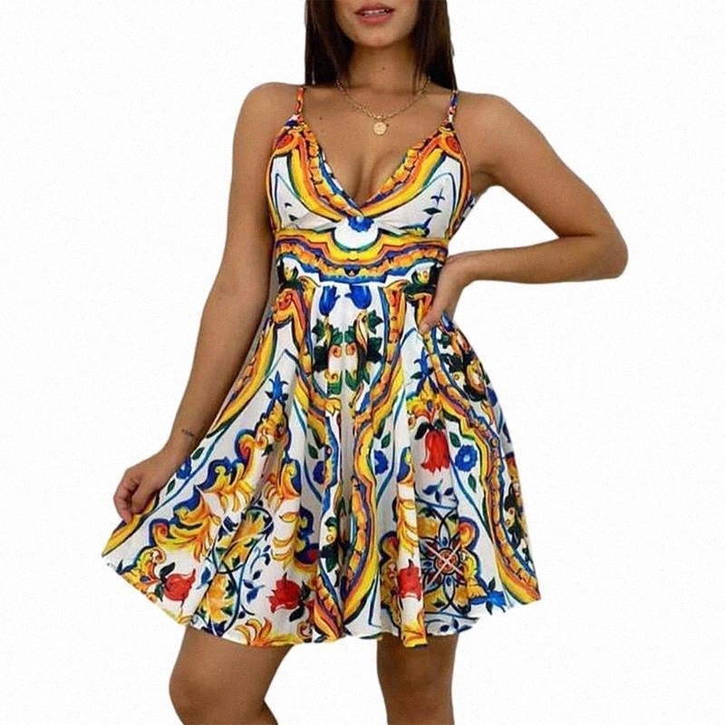 

Casual Dresses casual Dresses Spaghetti Strap Mini Dress Women Summer Floral Print V Neck A-line Short Holiday Backless Beach a4te#, Multi