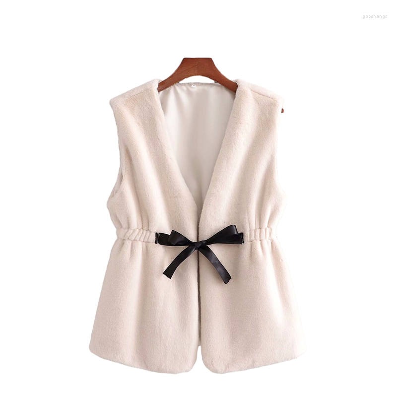 

Women' Vests Elegant Women Soft Faux Fur Vest 2022 Fashion Ladies Solid White V-Neck Coats Streetwear Female Chic Bow Sashes Women