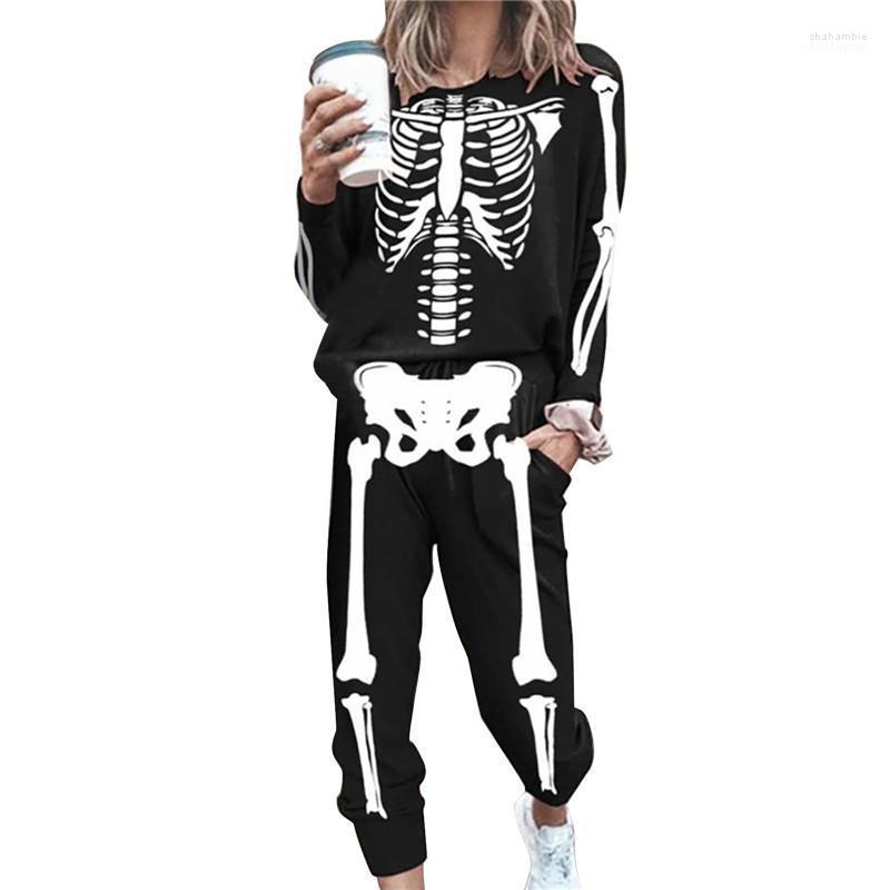 

Women' Two Piece Pants Women' Hirigin Black Skeleton Printed Pattern Pullover And With Pockets Christmas Tracksuit Halloween Costumes, As photo shows