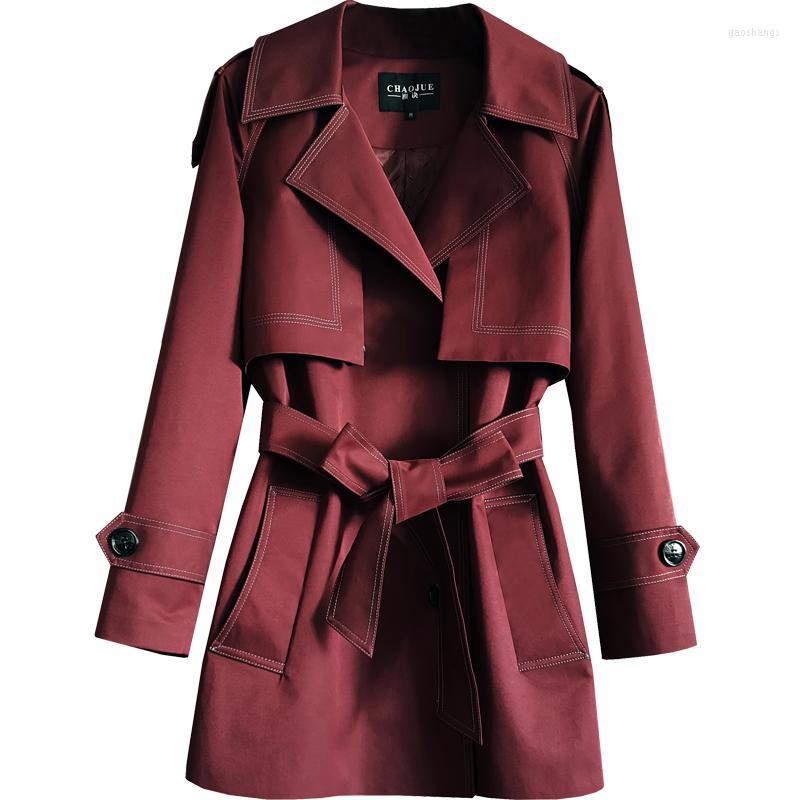 

Women' Trench Coats Spring And Autumn Windbreaker Women' Mid-length Double Breasted Wine Red England Lady' Slim Coat, Black