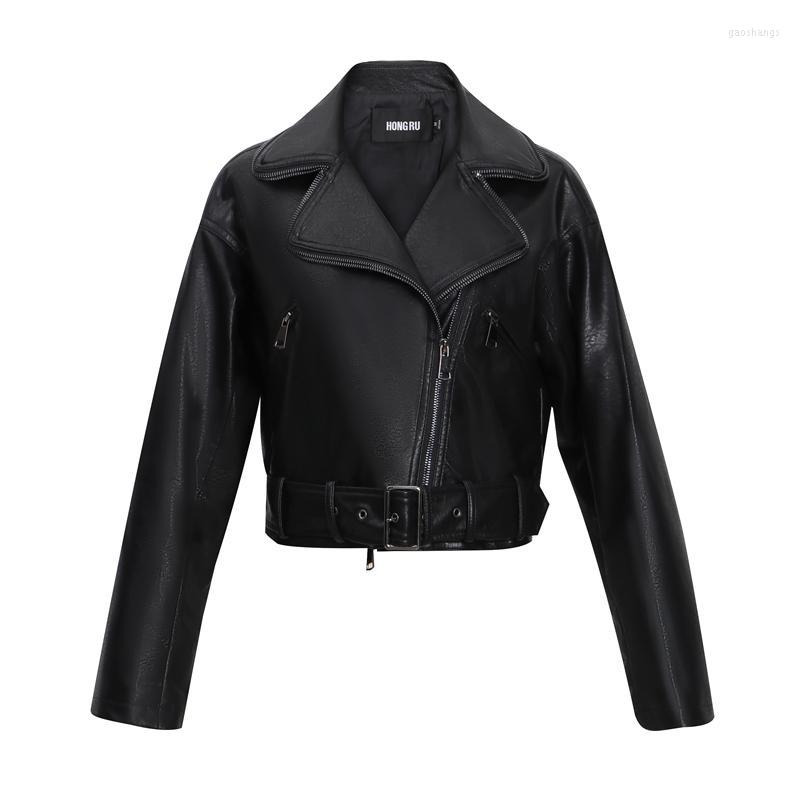 

Women' Leather Women' & Faux Street Style Zipper Stitching Pu Jacket Female Locomotive Outerwear Was Thin Lapel Colalr Jackets F2022, Black