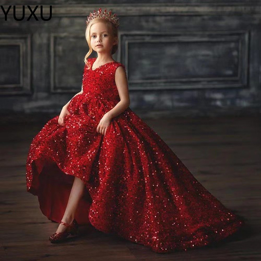 sequined girl pageant dresses Appliques Tiered Skirts Princess Gowns long Flowers Girls Dresses Toddlers Kids Custom First holy Communion Gowns-image-802137830