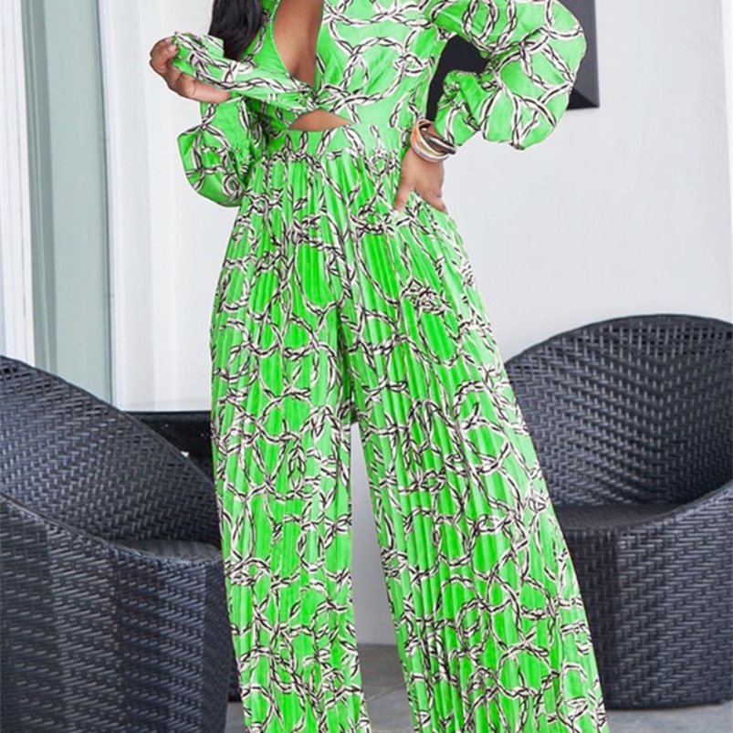

Women's Two Piece Pants Waterarea Print Pleated Female Suit Long Sleeves Shirt with Wide Leg Pants Suit Casual Two Piece Set Sexy Outfits for Woman 220913, Green