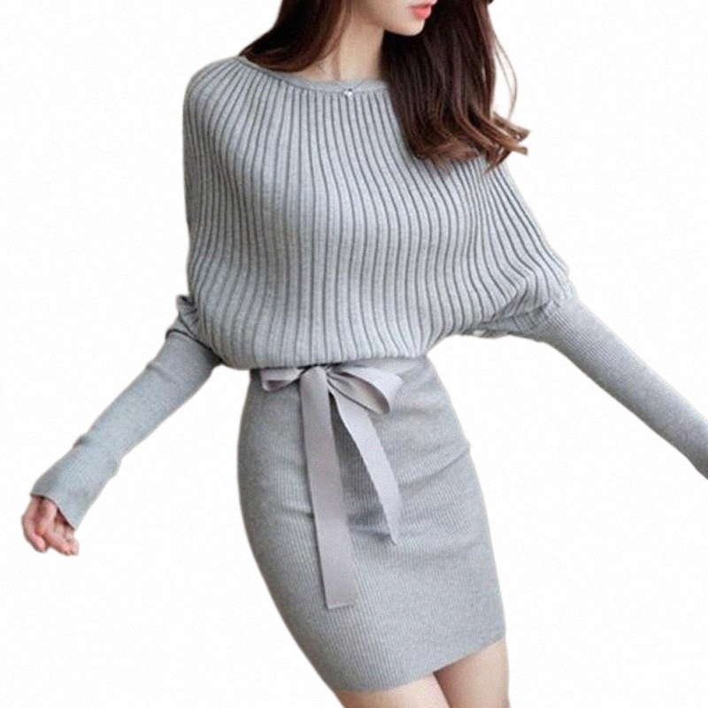 Robes décontractées Fashion Femmes Automne Mini Bowknot Long Batwing Sleeve Elegant Trined Pull Robe J8AH #