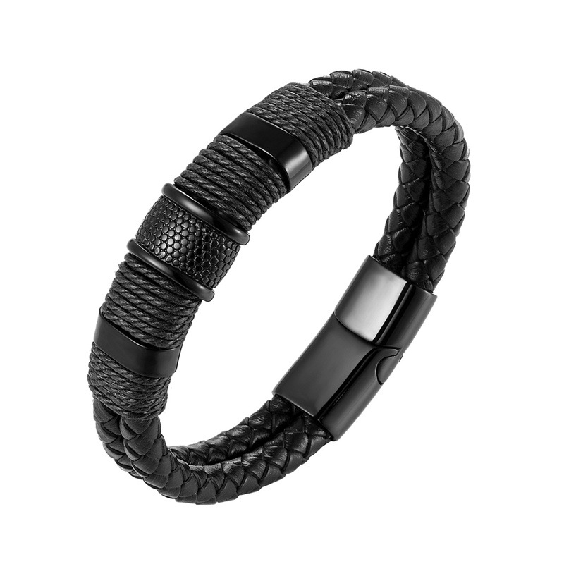 Leather Double Layer Stainless Steel Cuff Valentine's Day for Boyfriend Men's Versatile Braided Personality Jewelry-image-802546599