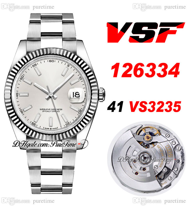 

VSF Just 126334 VS3235 Automatic Mens Watch 41 Fluted Bezel Silver Dial Stick Markers 904L OysterSteel Bracelet Super Edition Same Series Card Puretime B2, Customized enhanced waterproofing servic