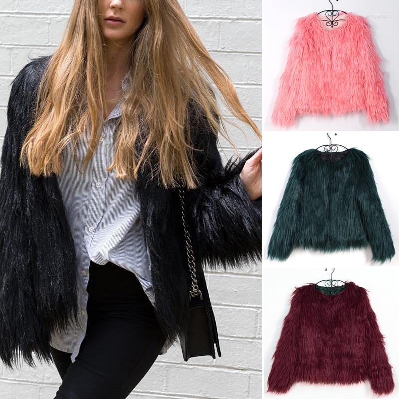 

Women's Fur Women's & Faux Furry Coat Women Fluffy Warm Long Sleeve Outerwear Autumn Winter Jacket Hairy Collarless Overcoat Plus Size