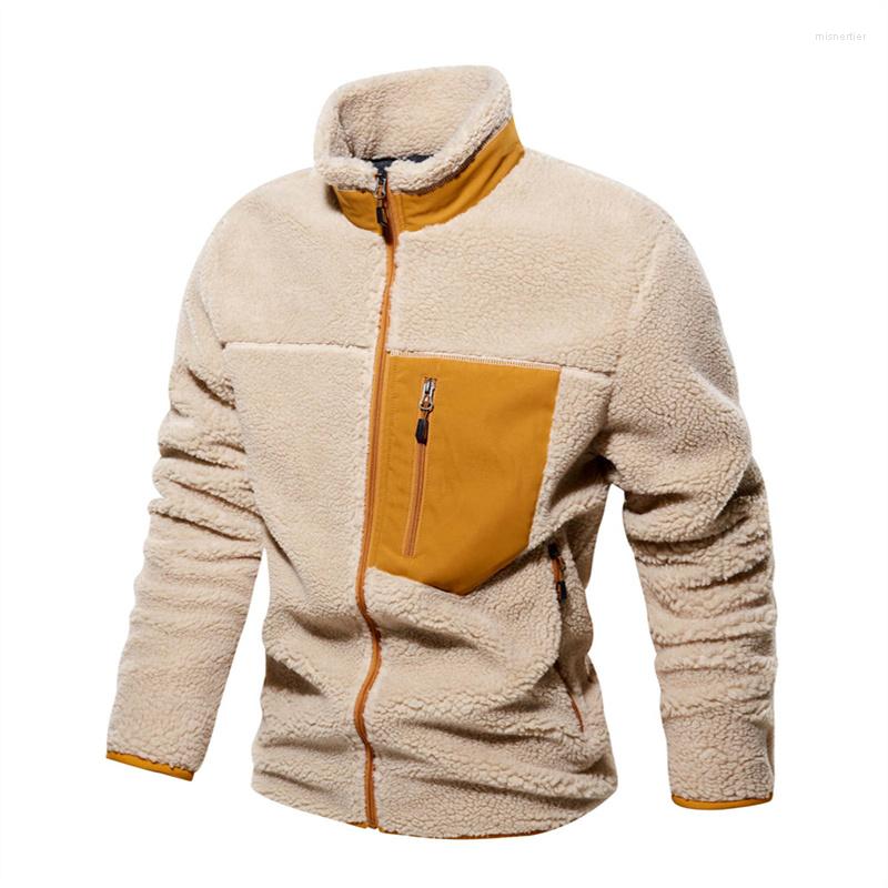 

Men' Jackets Mens Faux Lamb Wool Coat 2022 Autumn Winter Stitching Pocket Stand-up Collar Male Casual Long Sleeved Coats Men, Khaki