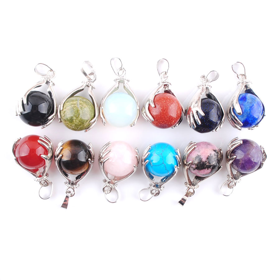 New Palm Natural Stone Pendant Mineral Pink Crystal Quartz Lapis Round Ball Pendants for Necklaces Women Men Jewelry BN312