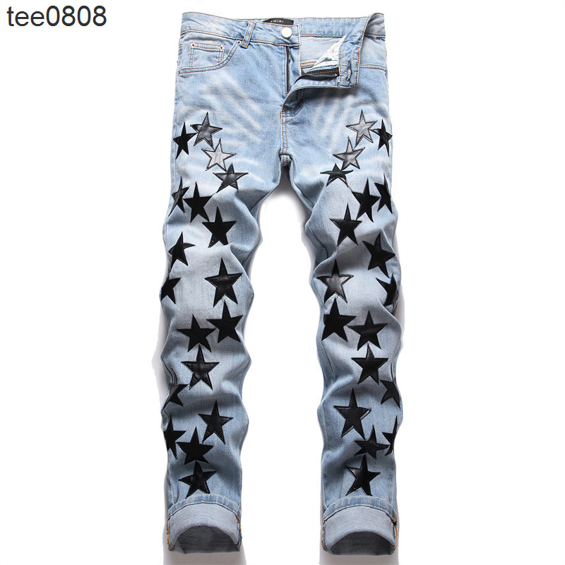 

amirs Jeans slim fit elastic embroidered men's five pointed star cat whisker worn hole pants, Light blue
