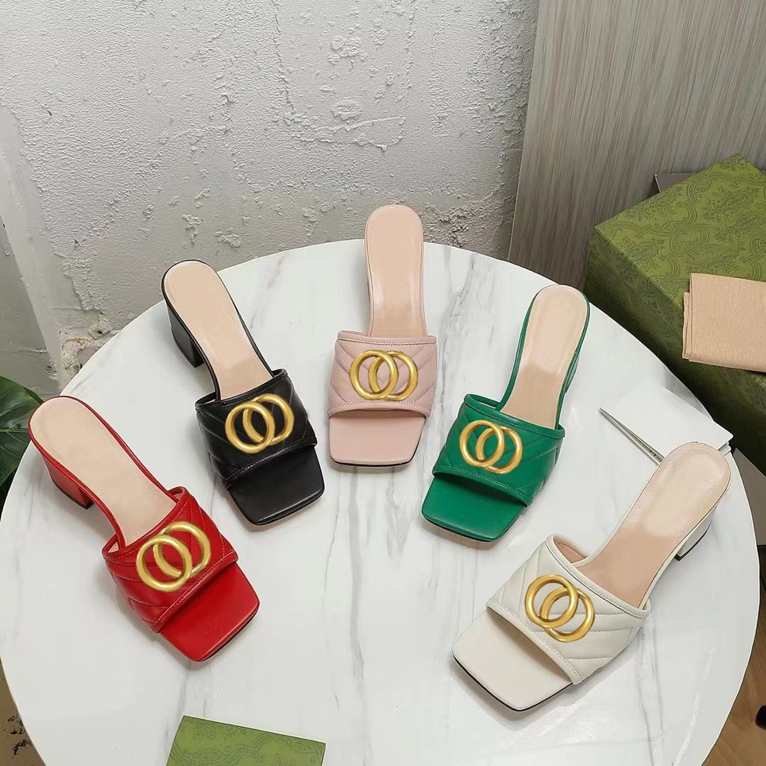 

Classic designer women beach Half slippers 100% leather Thick heels Metal Slides cowhide summer woman shoes Lazy Sandals High heeled shoe Large size 34-38-41-42 With box, Black