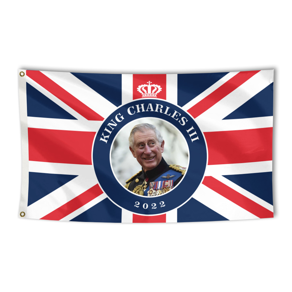 

Union Jack Flag King Charles 3rd Our New King To Be Flags 90x150cm Long Live The King Souvenir Banner with Brass Grommets For Indoor Outdoor Decor