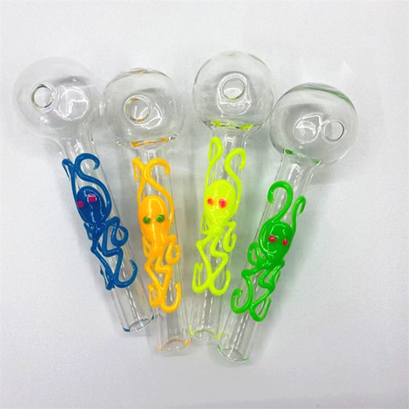 

Glow In The Dark Hookahs Silicone Octopus Pattern Smoking Pipes Pyrex Glass Oil Burner Pipe 4 Inch Mini Hand Glass Bongs 16g Portable Dab Rigs Smoking Accessories