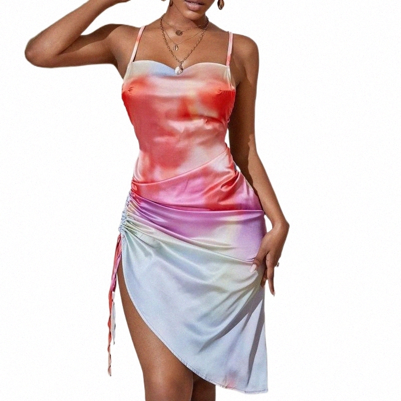 Robes décontractées 2021 Robe Femmes Sumy Sexy Women's Sling Tie Dye Trawstring Suspender Vestido de Mujer Robe Femme F03R #