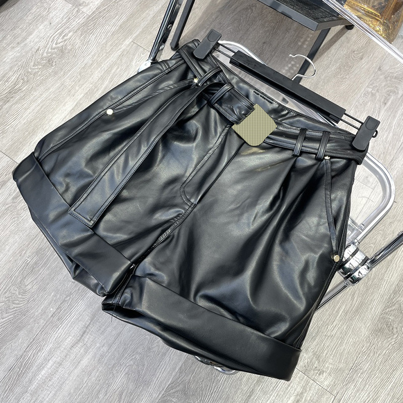

Leather Womens Shorts Casual Black Short Pants INS Fashion High Rise Shorts, Black with label #