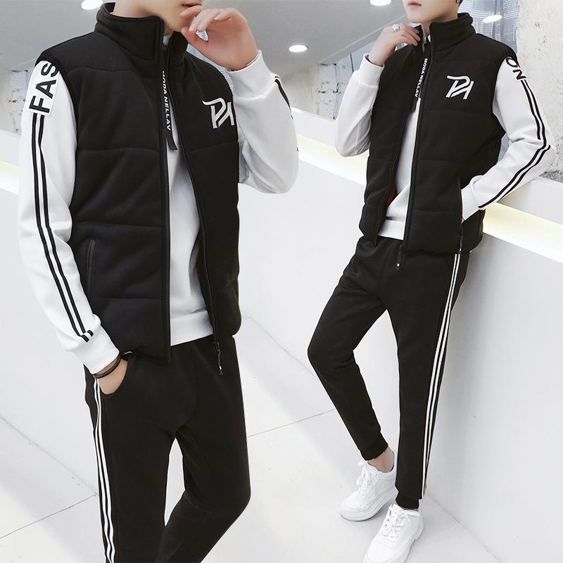 

Men's Tracksuits Winter Sports Suit Korean Youth Warm Jacket Three Piece, Black