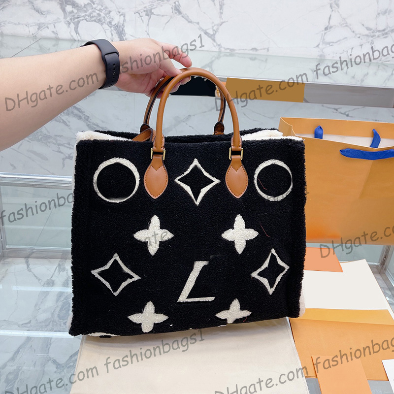 

Autumn Winter Go It Onthego Shopping Bags Lambswool Old Flower Top Handle Totes Strap Cross Body Large Capacity Street Two-tone Twist L Designer Luxury Handbag 38CM, Black