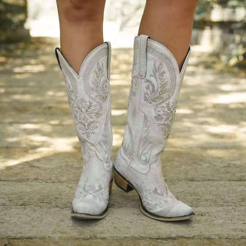 

Boots Roman Cowboy For Woman White Embroider Western Cowgirl Botas Leather Rhinestones Mid-calf High Booties Casual Ladies Shoes, Brown
