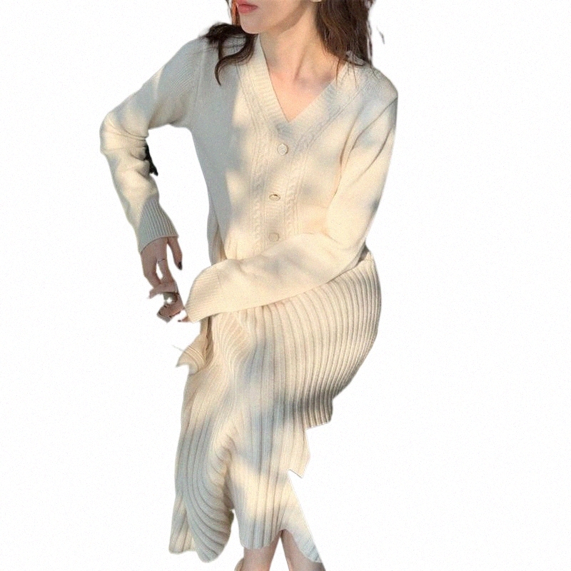 casual Dresses Striped Knitted Sweater Dress Women V-Neck Long Sleeve Korean Midi A-Line Buttons Elegant Solid Autumn Winter X682 E6cV#