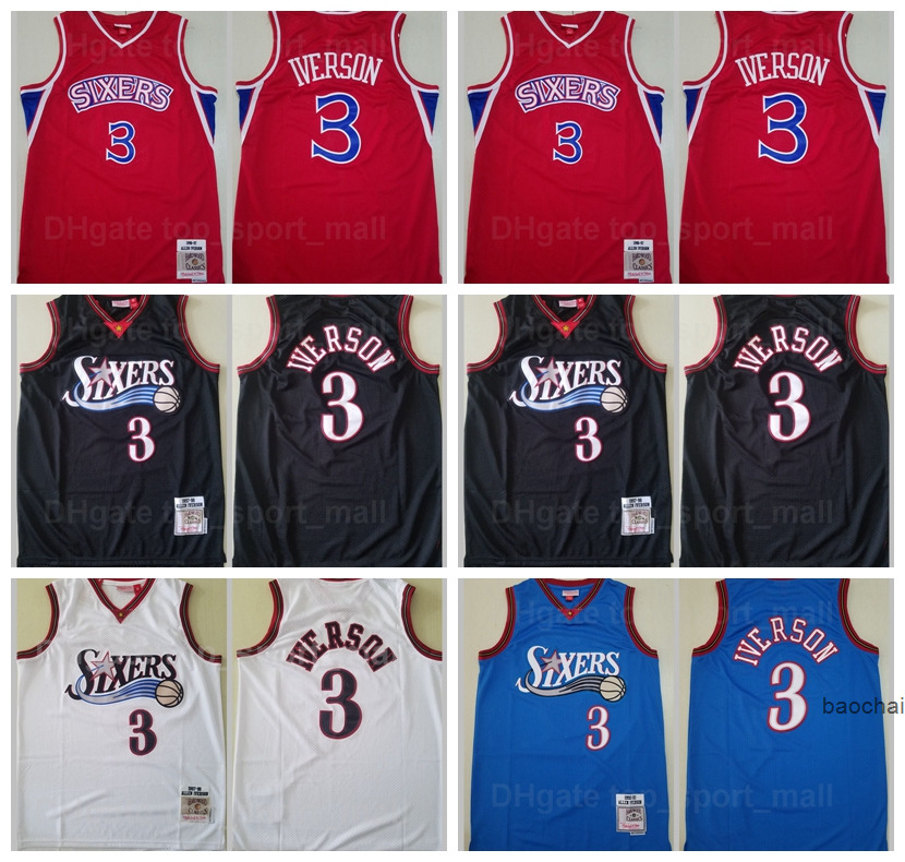 

Men Mitchell and Ness Basketball Allen Iverson Jersey 3 Vintage Black White Red Blue Team Color Breathable Pure Cott''nba''jerseys, 3 black