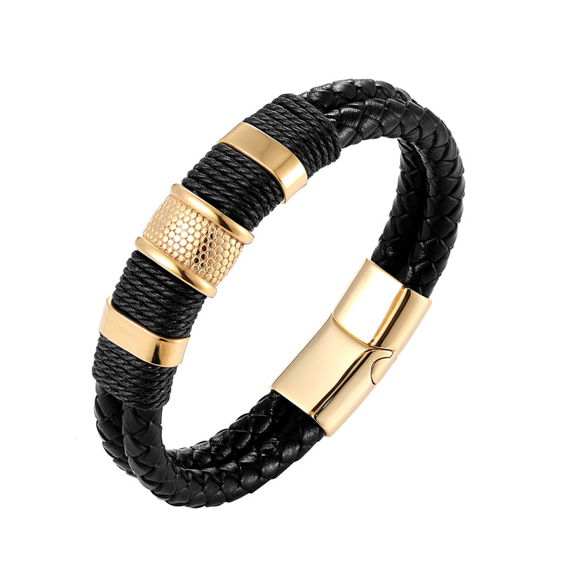 New Leather Double Layer Stainless Steel Cuff Valentine's Day for Boyfriend Men's Versatile Braided Personality Jewelry
