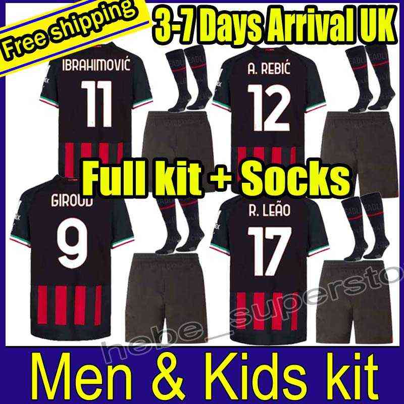 

Shirts 22 23 Adult / Kids Full Kit Ibrahimovic Soccer Jersey Ac Milans Giroud R. Leao Bennacer Kessie Romagnoli Calhanoglu Tonali Rebic 2022, 22-23 home