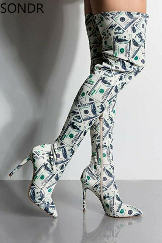 

Boots Hundret Dollar Money Print Women Pointed Toe Thigh High Stiletto 220913, 10cm heel