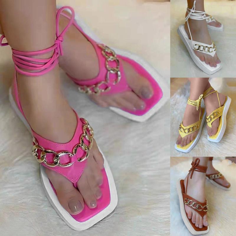 

Sandals Womens Slides Cute Ladies Fashion Leather Clip Toe Chain Ankle Strap Beach, Brown