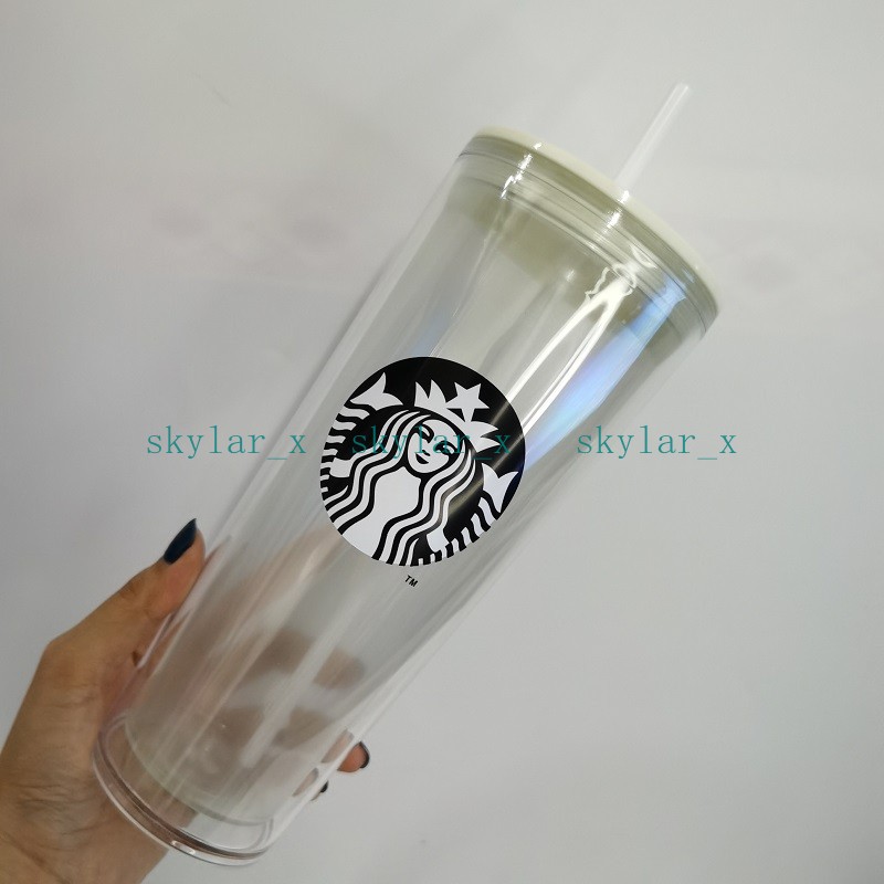 

24OZ/710ml Starbucks Tumblers Green Straw Double Plastic Luminous Straw Cup With Large Capacity Coffee Cups Gift Mug 20pcs, Customize