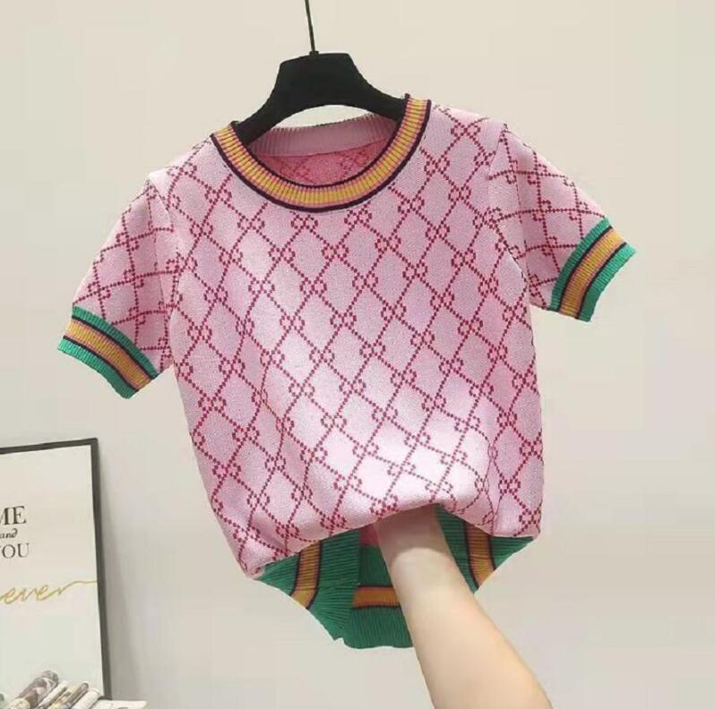 

2022GG Women' Knits & Tees Luxury GGity Letter Colorful Jacquard Flower Short Sleeve Tshirt Sweater Tops, Pink