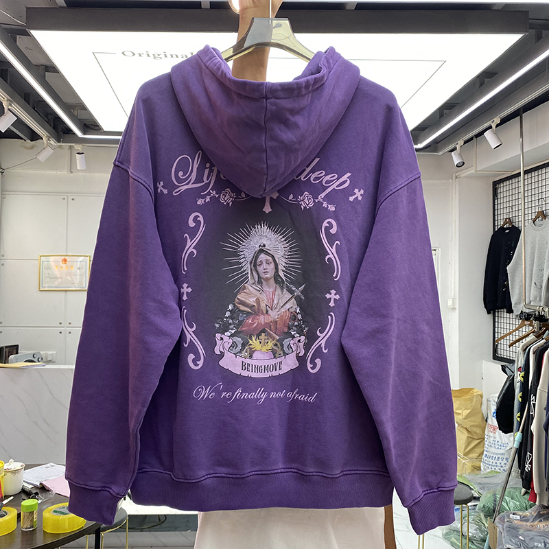 

Purple Sweatshirts Hoodie Vintage Washed Men Women Fleece Pullover Real Pics, Black
