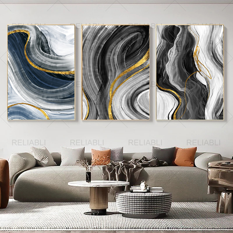 

Modern Watercolor Abstract Black and Gold Lines Canvas Painting Interior Decorative Posters and Prints Wall Picture Home Decor