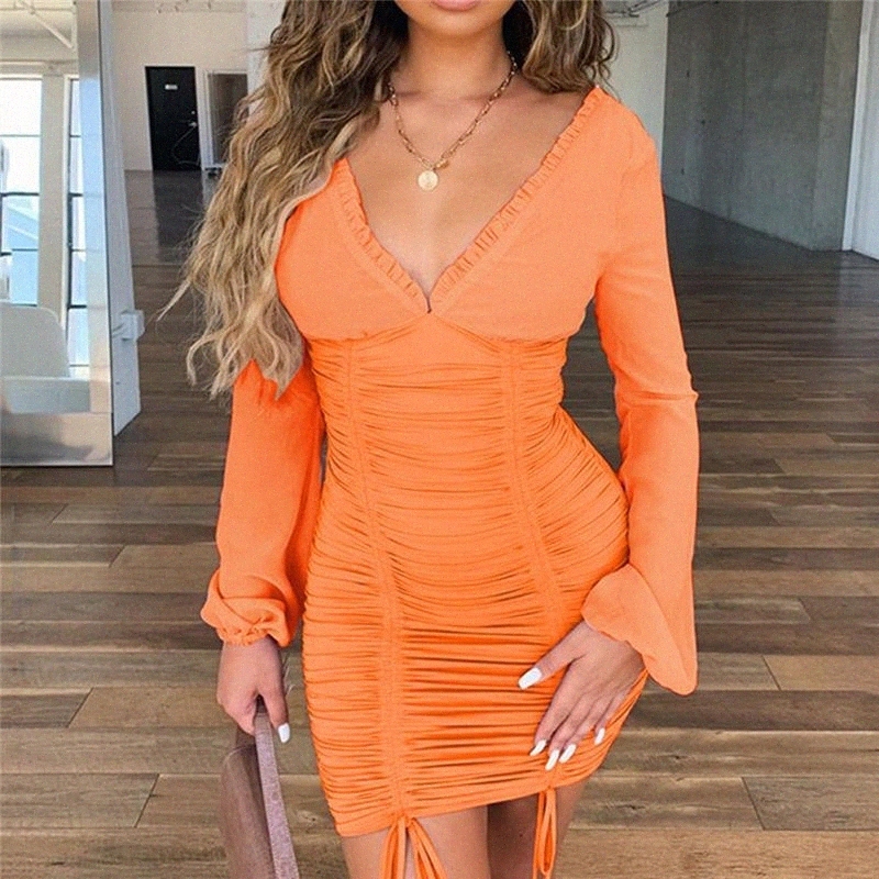 casual Dresses Vintage Solid Long Sleeve Women Dress 2021 Summer V Neck Sexy Woman Streetwear Ladies Elegant Bodycon Mini 71Yu#-image-802288540