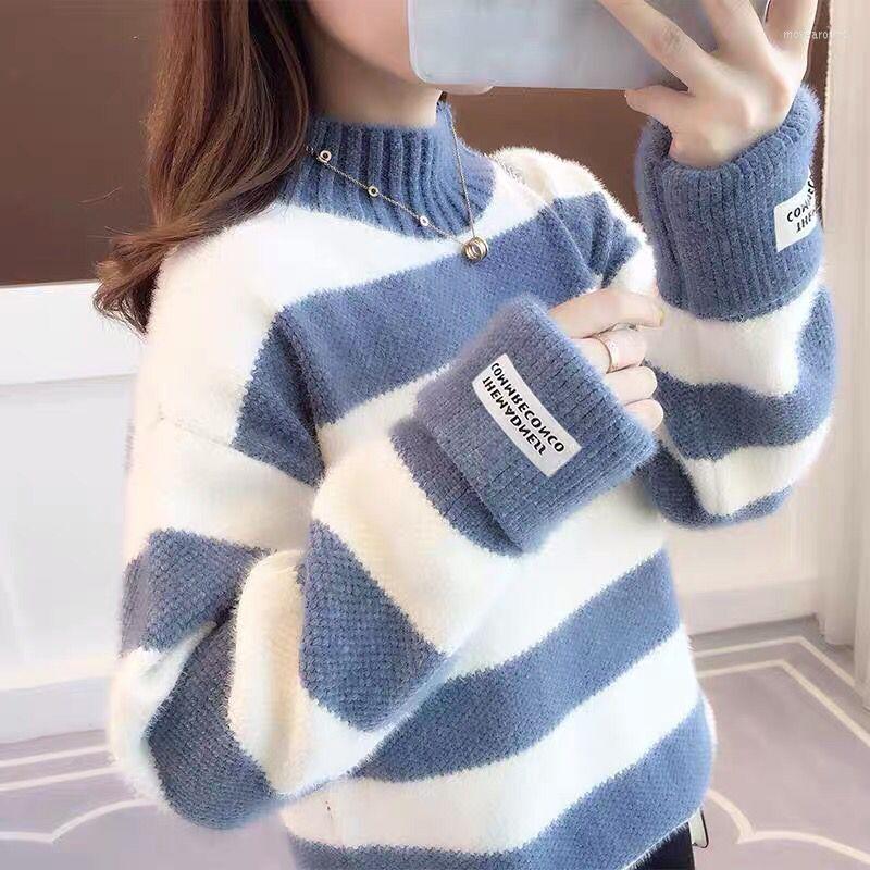 

Women's Sweaters 2022 Winter Thick Mink Fleece Stripe Sweater Women 5 Color Pullover Short Jumper Ladies Long Sleeve Half High Collar Tops, Green