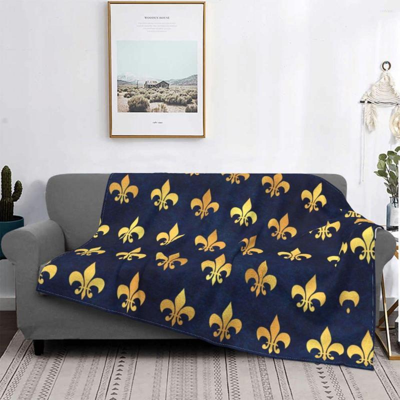 

Blankets Fleece Royal Gold Blue Grunge Fleur De Lis Throw Blanket Warm Flannel Lily Flower For Bedding Travel Sofa Bedspreads