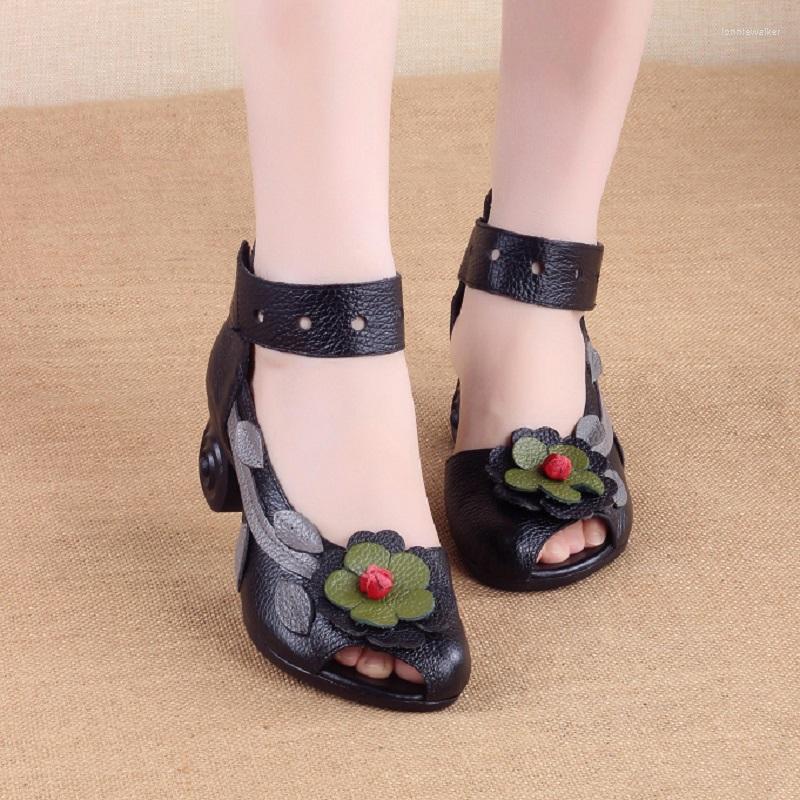 

Sandals Summer National Style Women Gladiator Strange Heels Peep Toe Flowers Cut-outs Shallow Genuine Leather Ladies Shoes 0710, Black