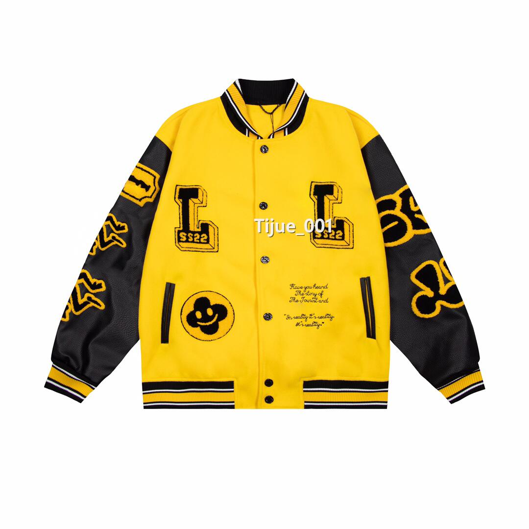 

22FW France New Catwalk Yellow Baseball Jackets Leather Sleeve Splicing Early Autumn Winter Classic Towel Embroidery Coats Man Women Fashion Outwear TJAMJK109