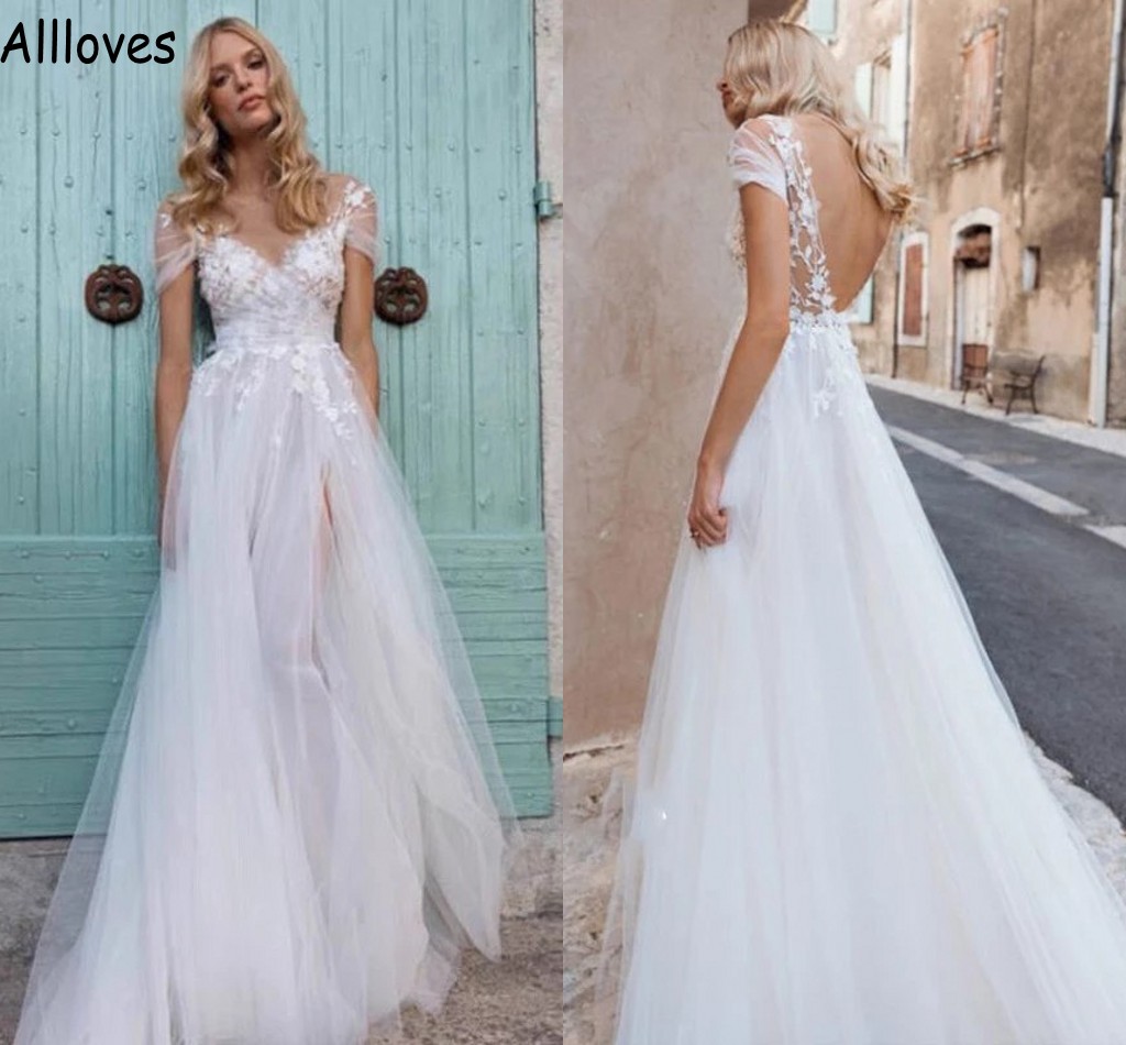 

Sheer Cap Sleeves A Line Wedding Dresses V Neck Romantic Tulle Boho Bridal Gowns Sexy Open Back Lace Appliqued Plus Size Marriage Brides Robes de Mariee Fashion CL1125, Light sky blue