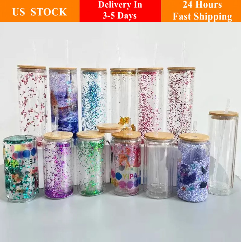 

US Local Warehouse 12oz 16oz 20oz Double Wall Sublimation Glass Tumblers Snow Globe Beer Frosted Cans Drinking Glasses Cups With Bamboo Lid And Reusable Straw, Clear