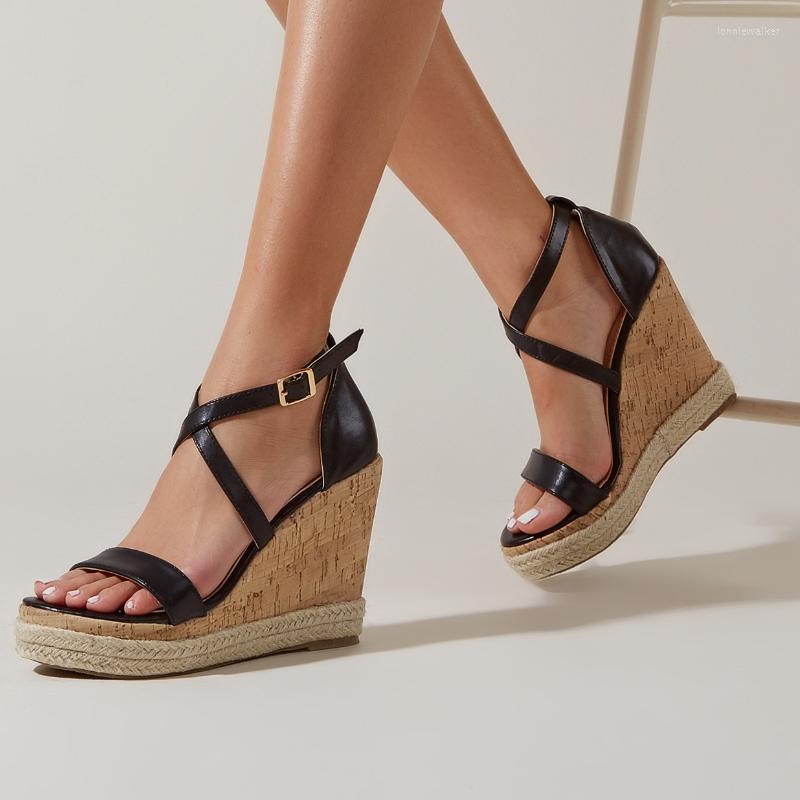 

Sandals Large Size 36-43 Wedges Women High Heels Rope Weaving Platform Wood Grain Waterproof Black Cross-Strap Shoes Female, Black y9125-2