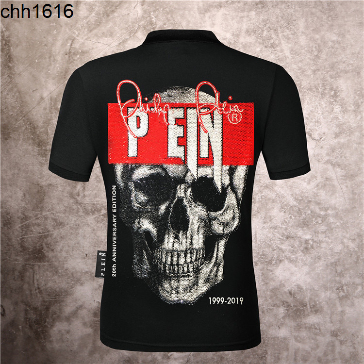 

Fashion brand Philippe brand spring and summer short sleeve men Lapel T-shirt personalized fashion business PP hot diamond skull leisure, White