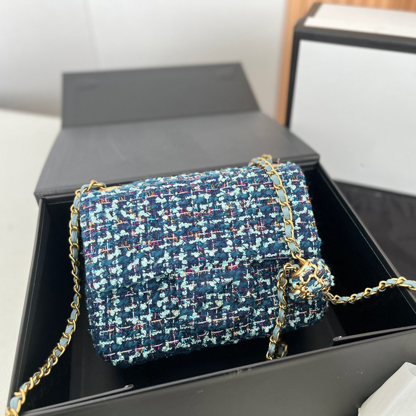 

French Womens Classic Mini Flap Tweed Bags Gold Crush Ball Metal Hardware Matelasse Chain Crossbody Two-tone Blue Handbags Turn Lock Clutch Pouch Purse 17CM, Box