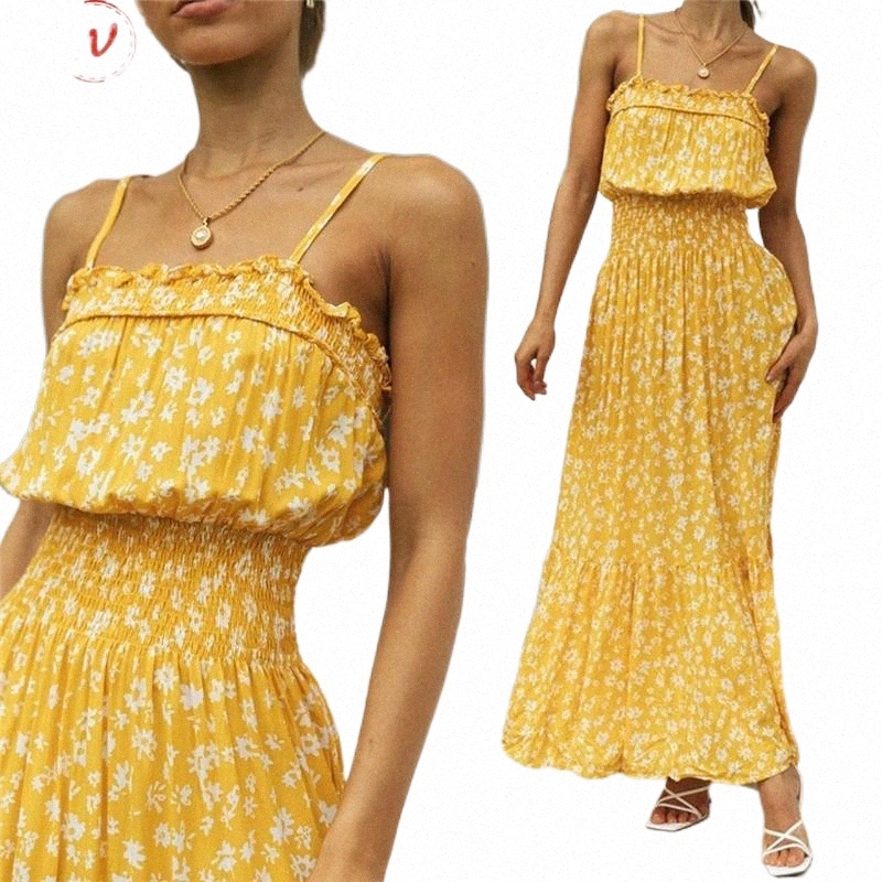 

casual Dresses Bohemian Style Women Summer Long Dress High Split Design Sling Sleeveless Backless Mid Waist Print Slim Pullovers A-Line A5um#, Yellow